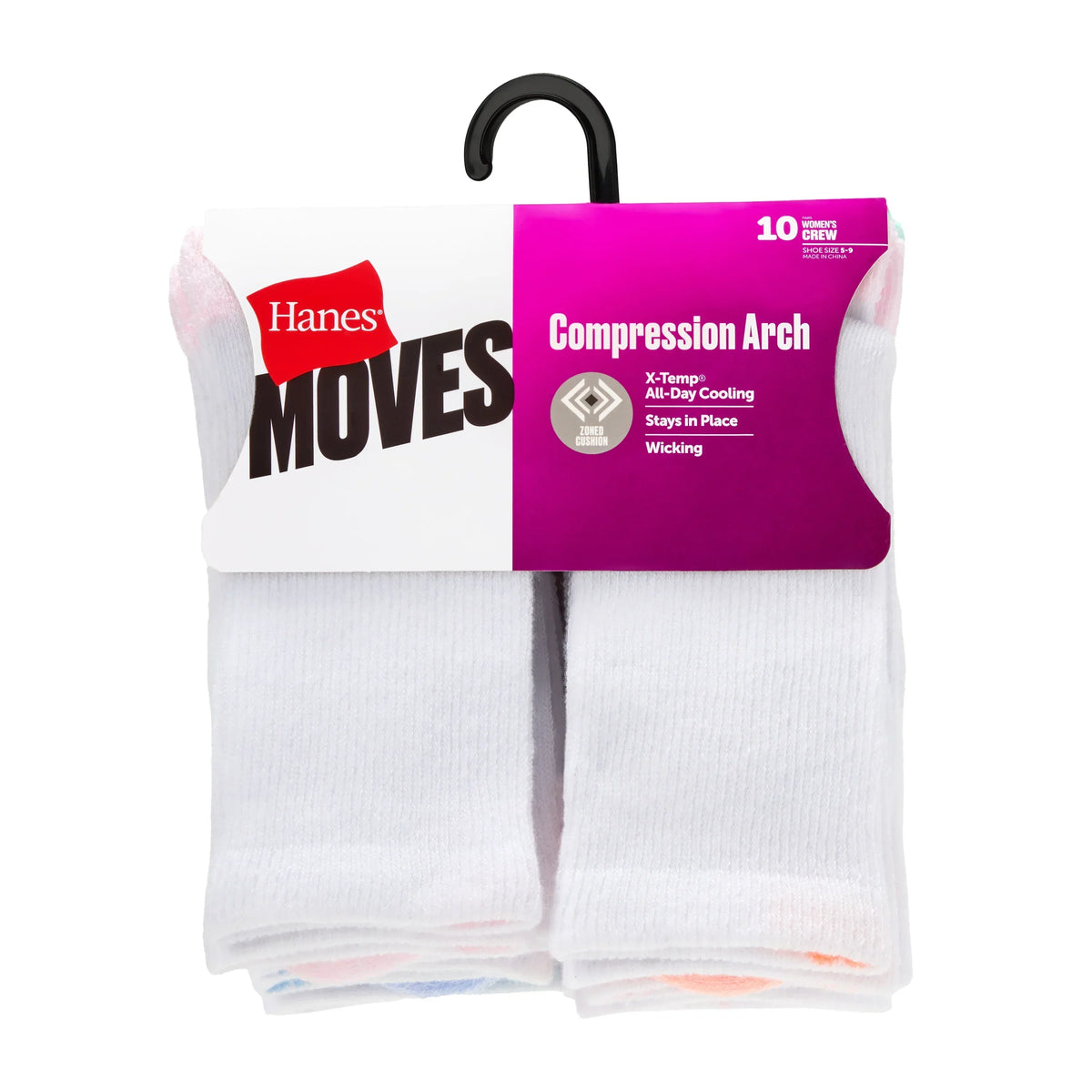Hanes Moves X-Temp Women's Crew Socks, 10-Pairs, Shoe Sizes 5-9