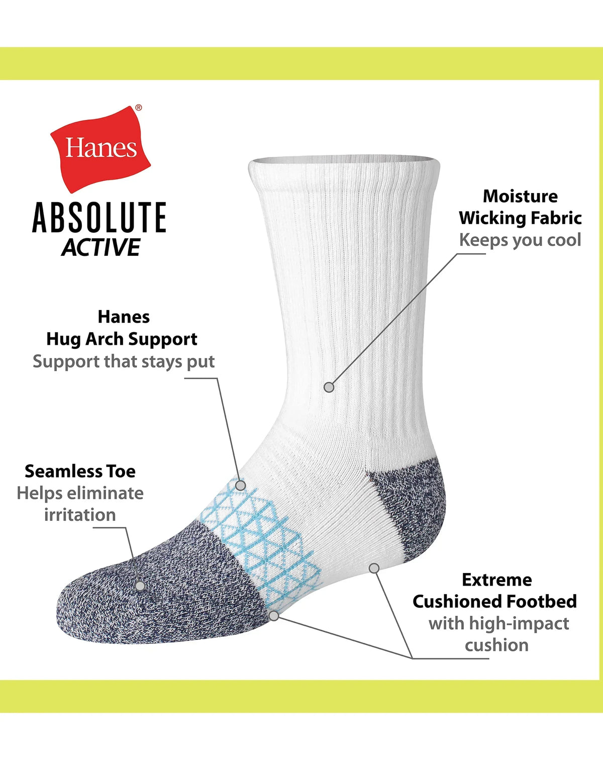 Hanes Absolute Active Boys' Crew Socks Pack, 4-Pack, Moisture Wicking