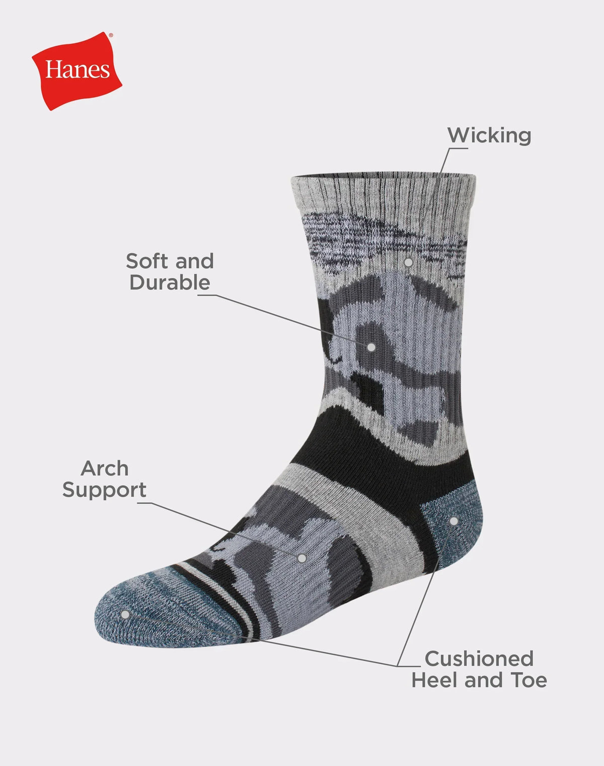Hanes Originals Boys' Crew Socks Pack, Moisture Wicking, 3-Pairs