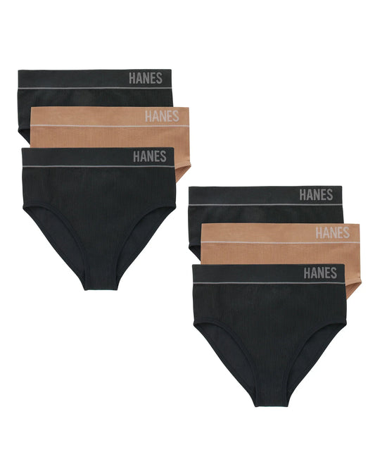 Hanes Originals Women's Seamless Rib Hi-Leg Bikini Underwear, Neutrals, 6-Pack