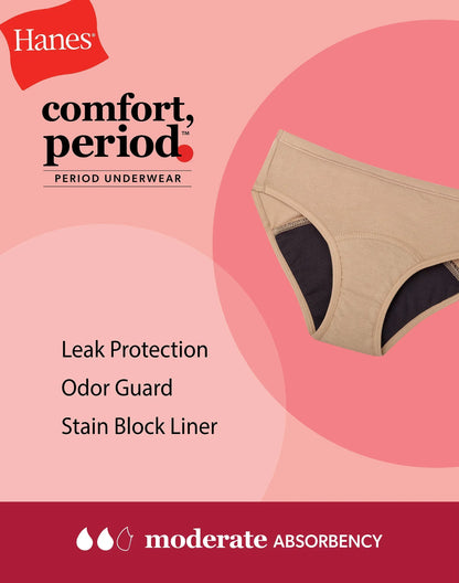 Hanes Comfort, Period. Girls' Boyshort Period Underwear, Moderate Leaks, Assorted Solids, 4-Pack