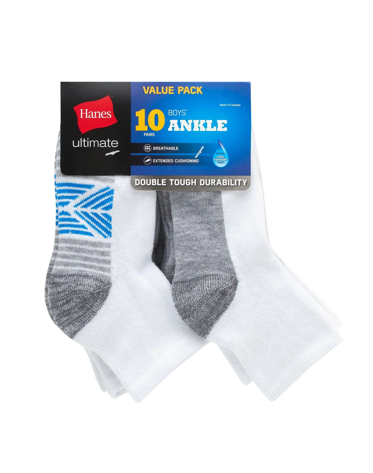 Hanes Ultimate Double Tough Boys' Ankle Socks, 10-Pairs