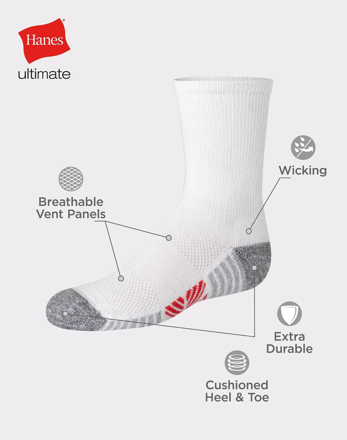 Hanes Ultimate Double Tough Boys' Crew Socks, 10-Pairs