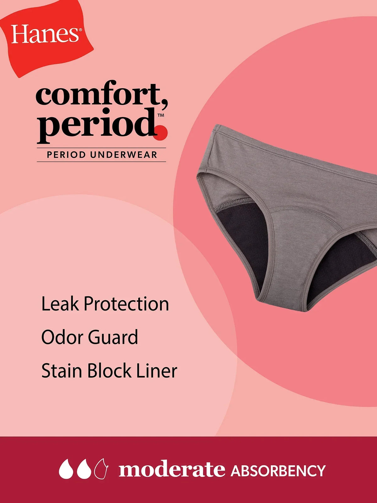 Hanes Comfort, Period. Girls' Hipster Period Underwear, Moderate Protection, Assorted, 4-Pack