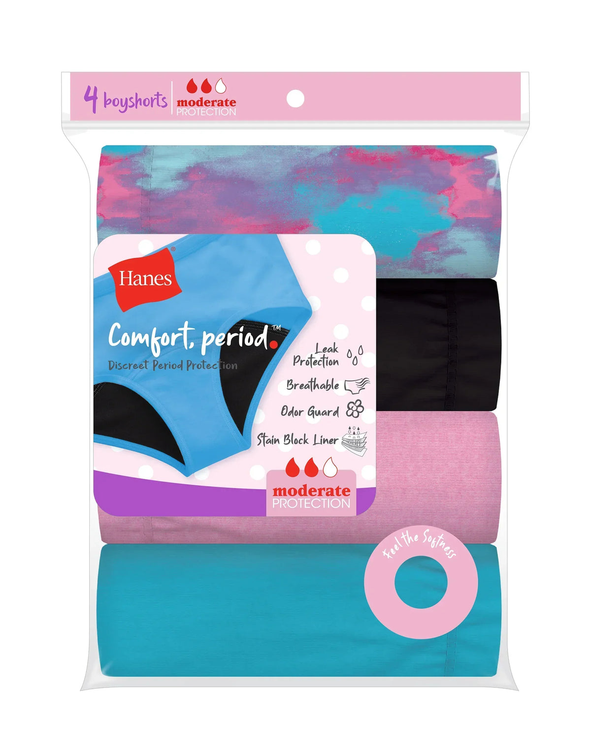 Hanes Comfort, Period. Girls' Boyshort Period Underwear, Moderate Leaks, 4-Pack